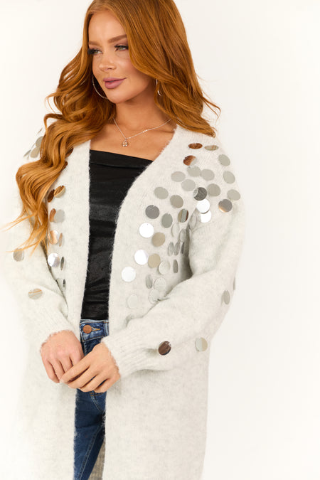 Pewter Grey Oversized Sequin Open Front Cardigan