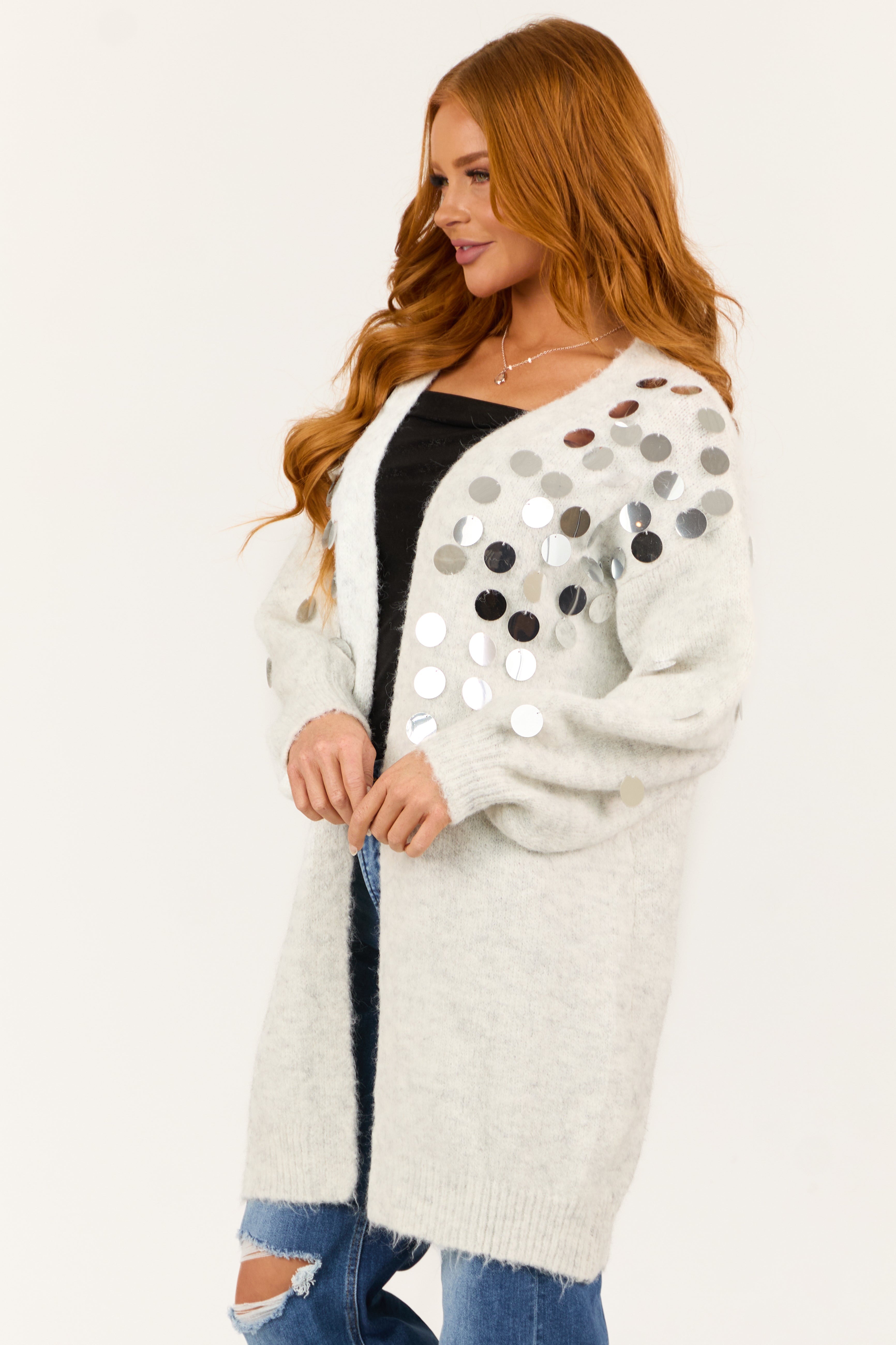 Pewter Grey Oversized Sequin Open Front Cardigan