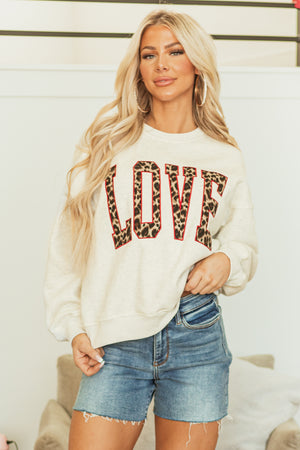 Pewter Grey 'Love' Leopard Graphic Sweatshirt