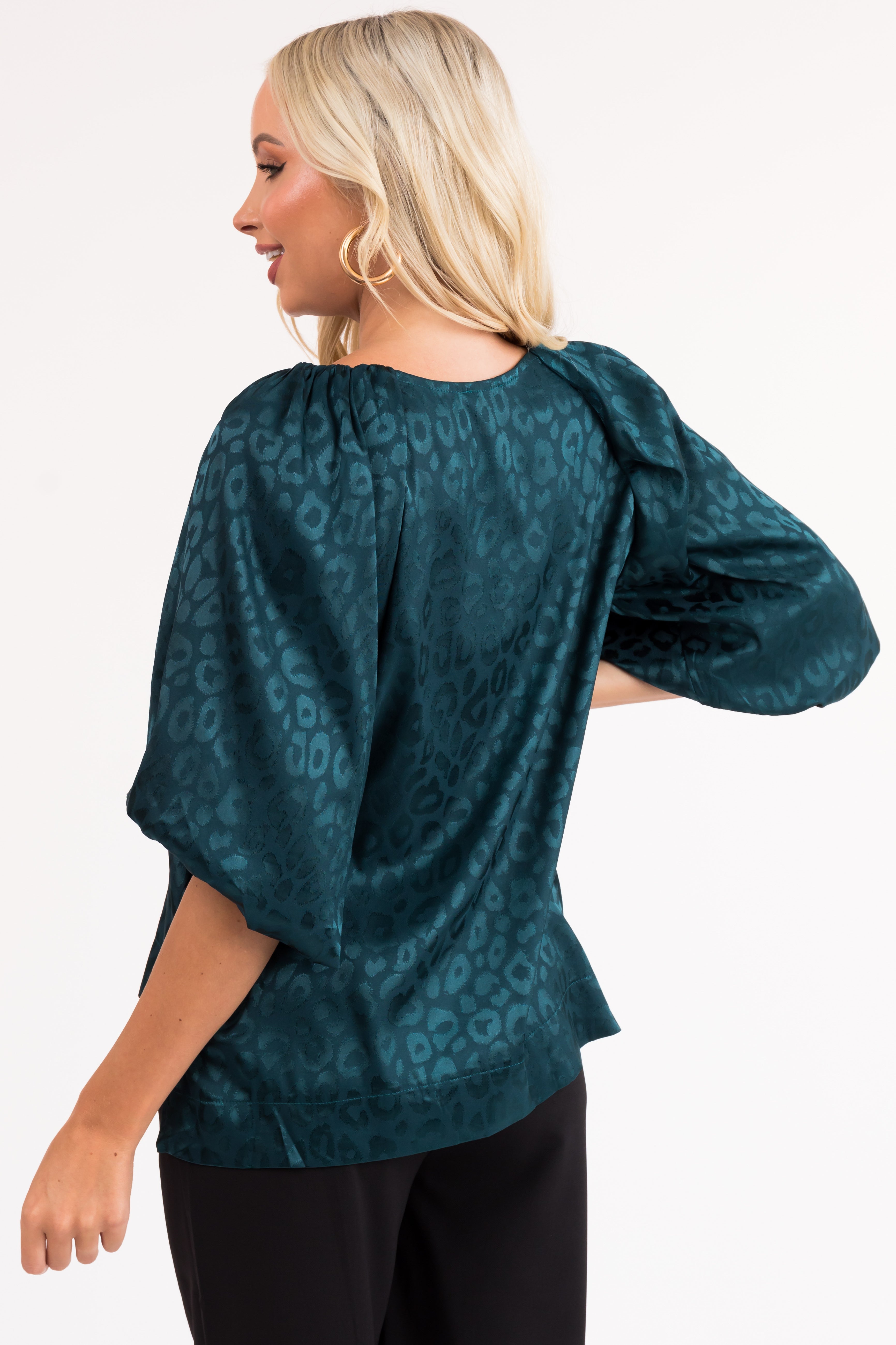 Pine Animal Print Puff Sleeve Satin Top