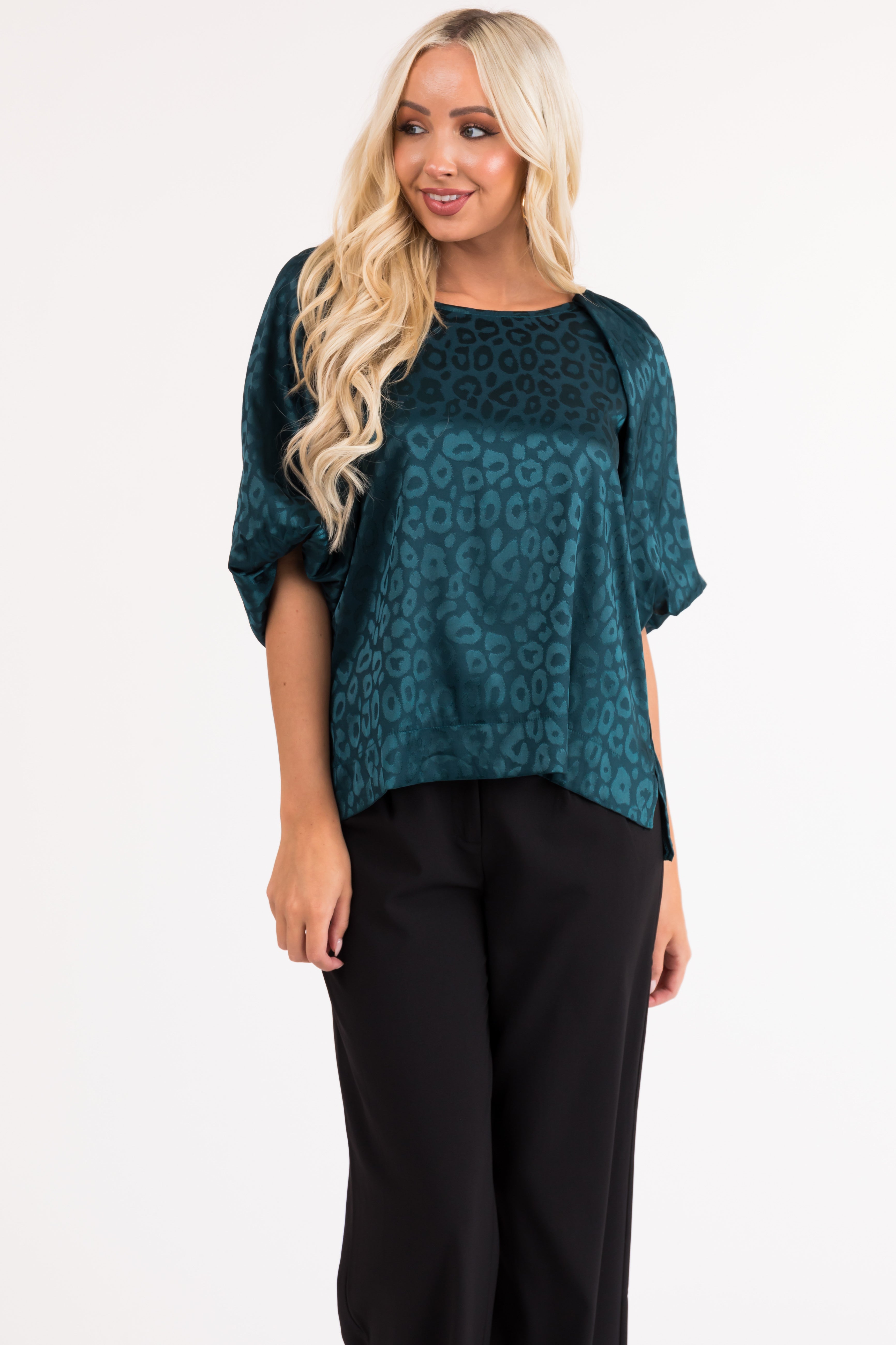 Pine Animal Print Puff Sleeve Satin Top