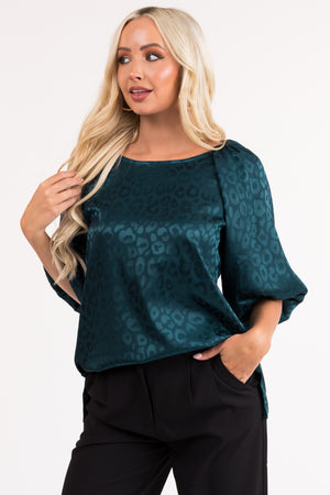 Pine Animal Print Puff Sleeve Satin Top