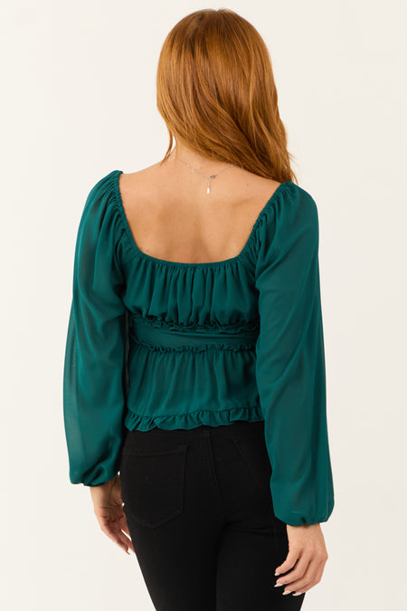 Pine Front Tie Long Bubble Sleeve Frill Trim Blouse