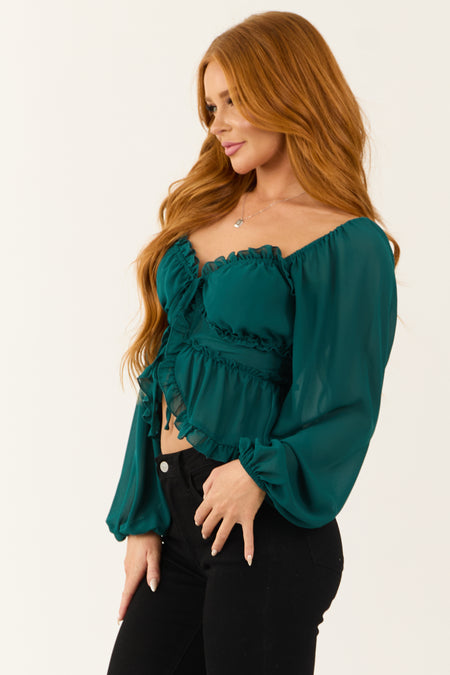 Pine Front Tie Long Bubble Sleeve Frill Trim Blouse