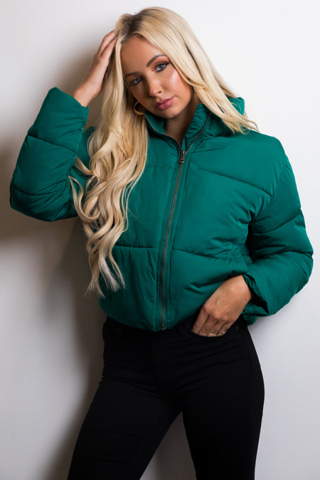 Pine Green Zip Up Quilted Puffer Jacket