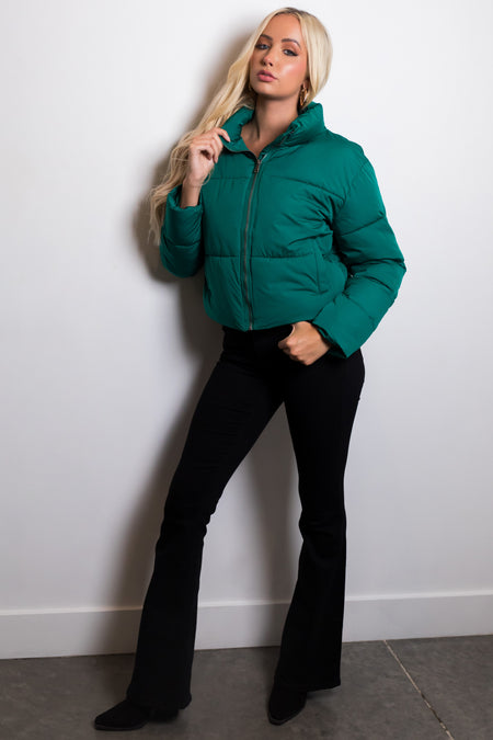 Pine Green Zip Up Quilted Puffer Jacket