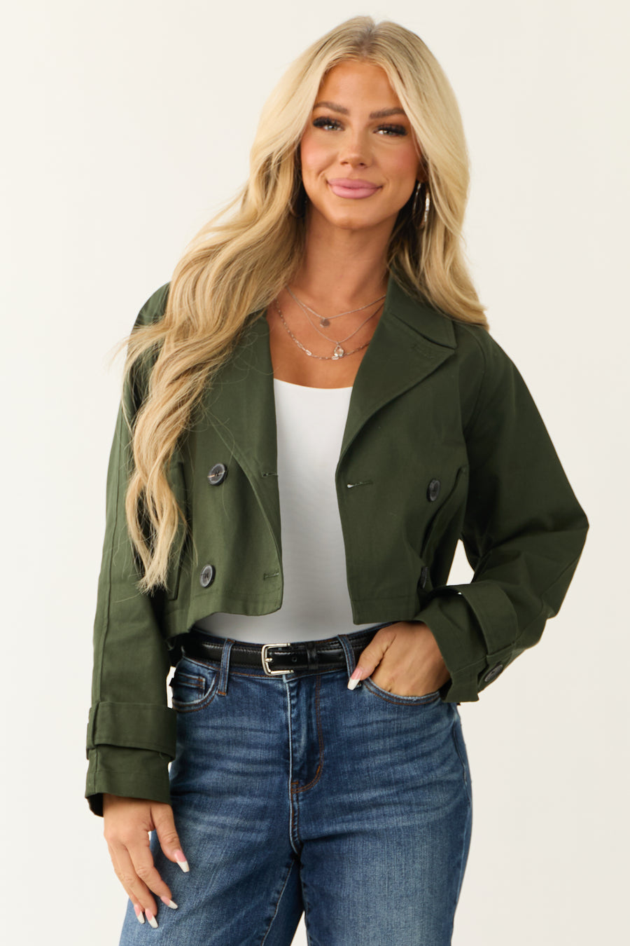 Pine Long Sleeve Buttoned Crop Trench Jacket