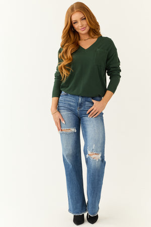 Pine Long Sleeve V Neck Chest Pocket Sweater