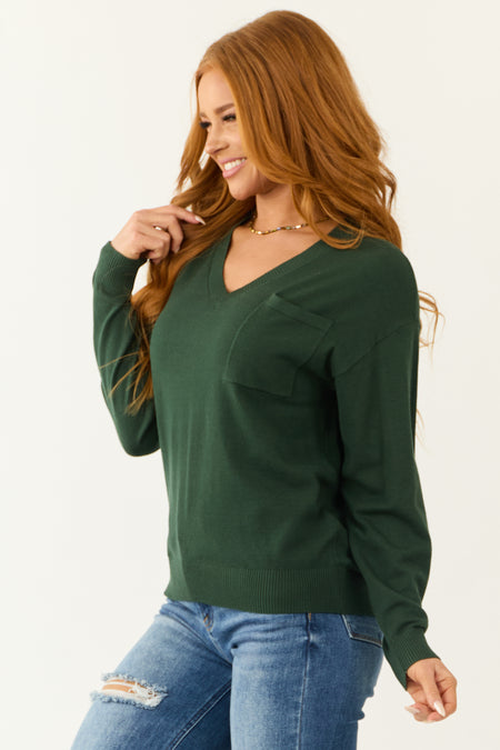 Pine Long Sleeve V Neck Chest Pocket Sweater