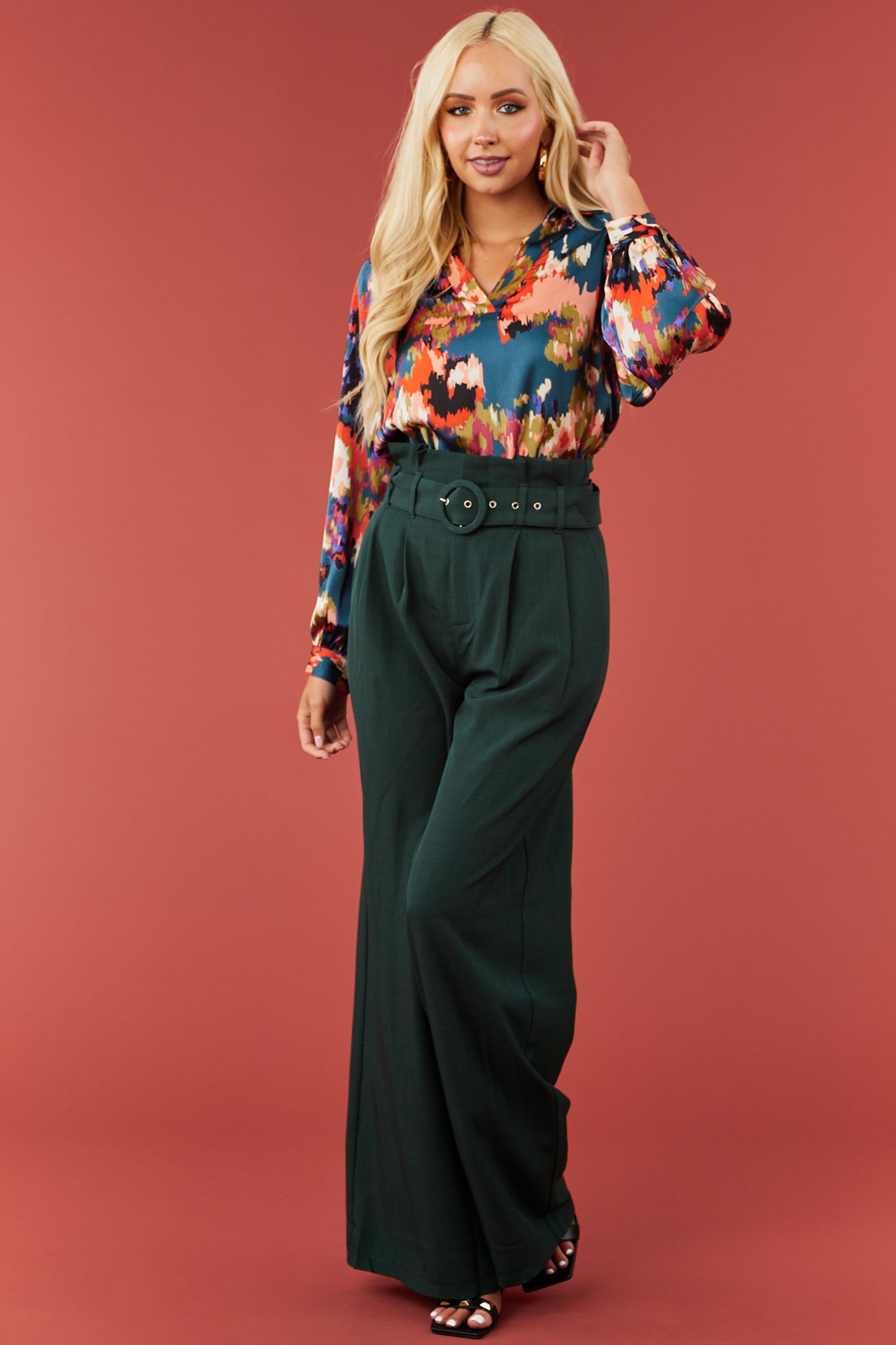 Flying Tomato Green High Rise Flare Pants with Seam Detail