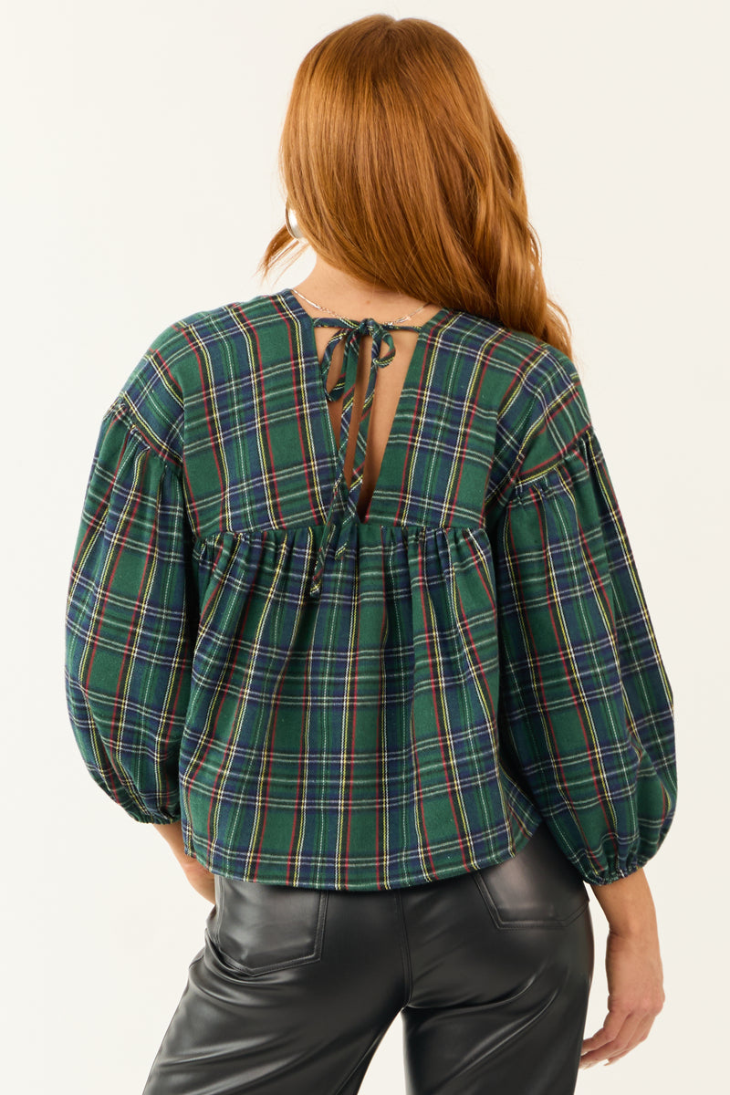 Pine Plaid Long Sleeve Top with Tie Back