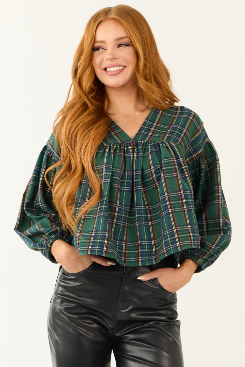 Pine Plaid Long Sleeve Top with Tie Back