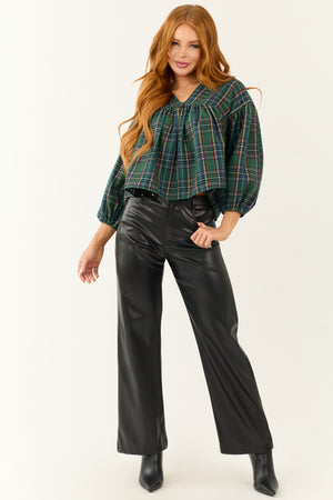 Pine Plaid Long Sleeve Top with Tie Back