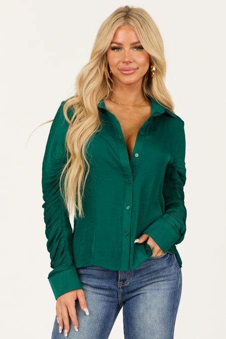 Pine Ruched Long Sleeve Button Down Top