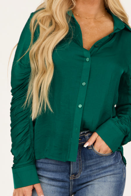 Pine Ruched Long Sleeve Button Down Top