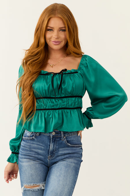 Pine Ruched Peplum Long Sleeve Satin Top