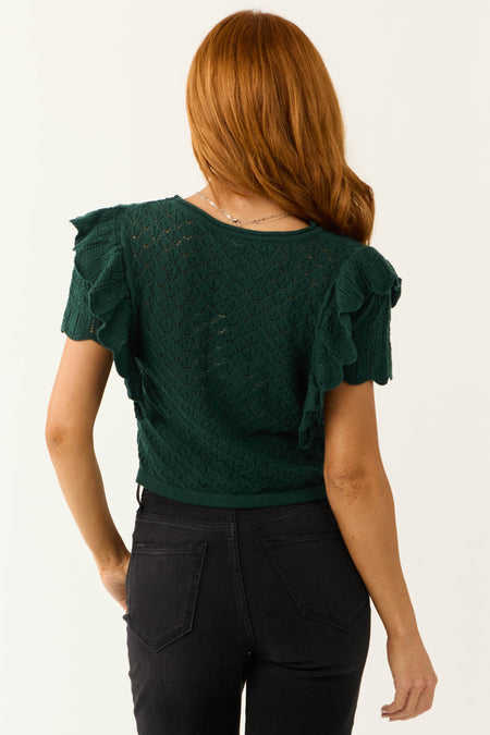 Pine Ruffle Sleeve Crochet Knit Crop Top