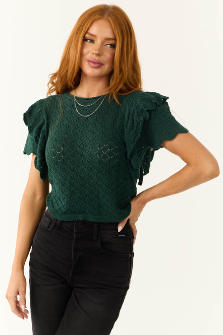 Pine Ruffle Sleeve Crochet Knit Crop Top