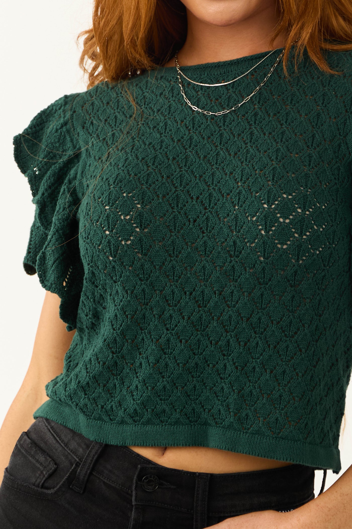 Pine Ruffle Sleeve Crochet Knit Crop Top