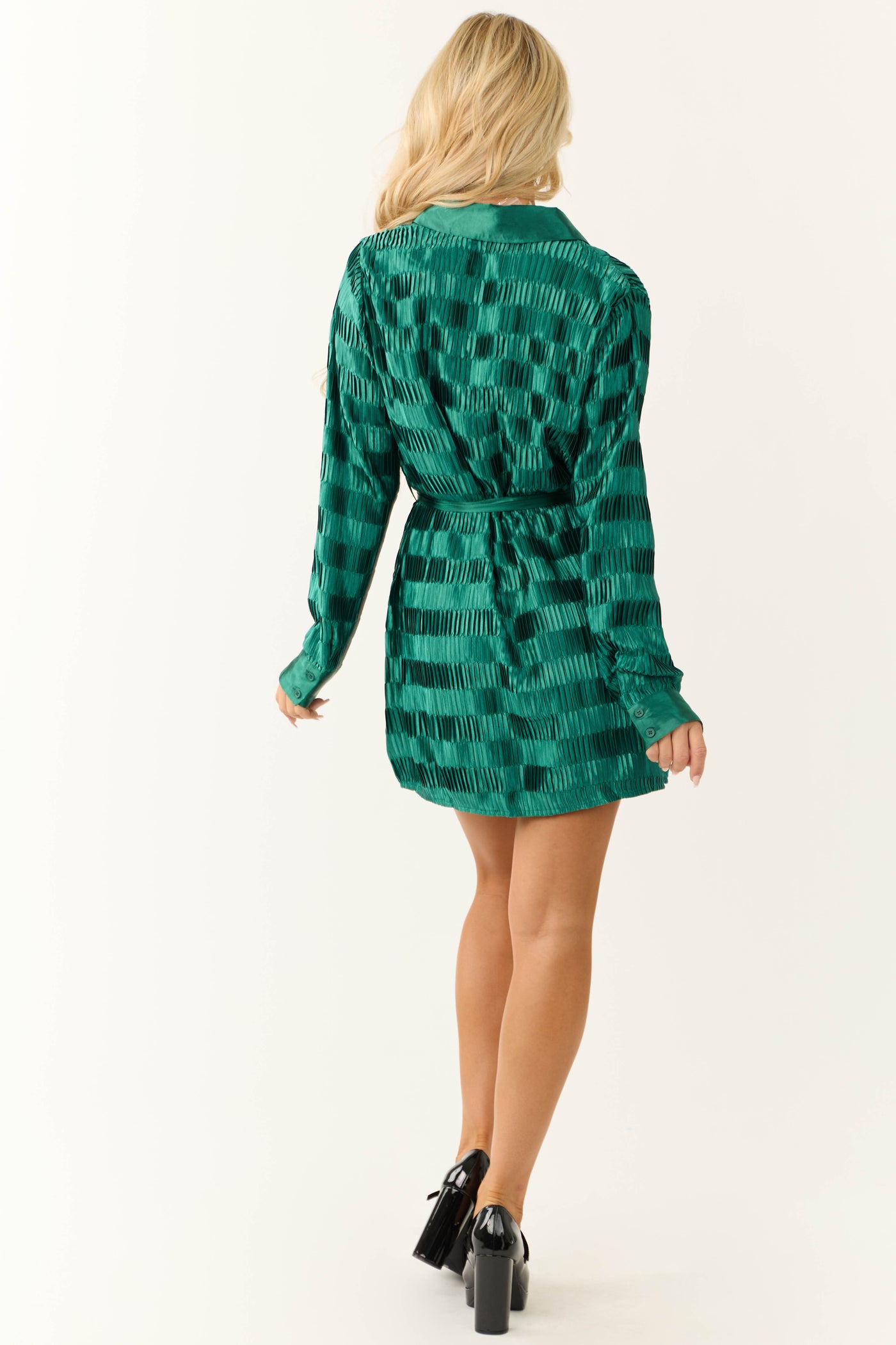 Pine Satin Pleated Long Sleeve Mini Dress