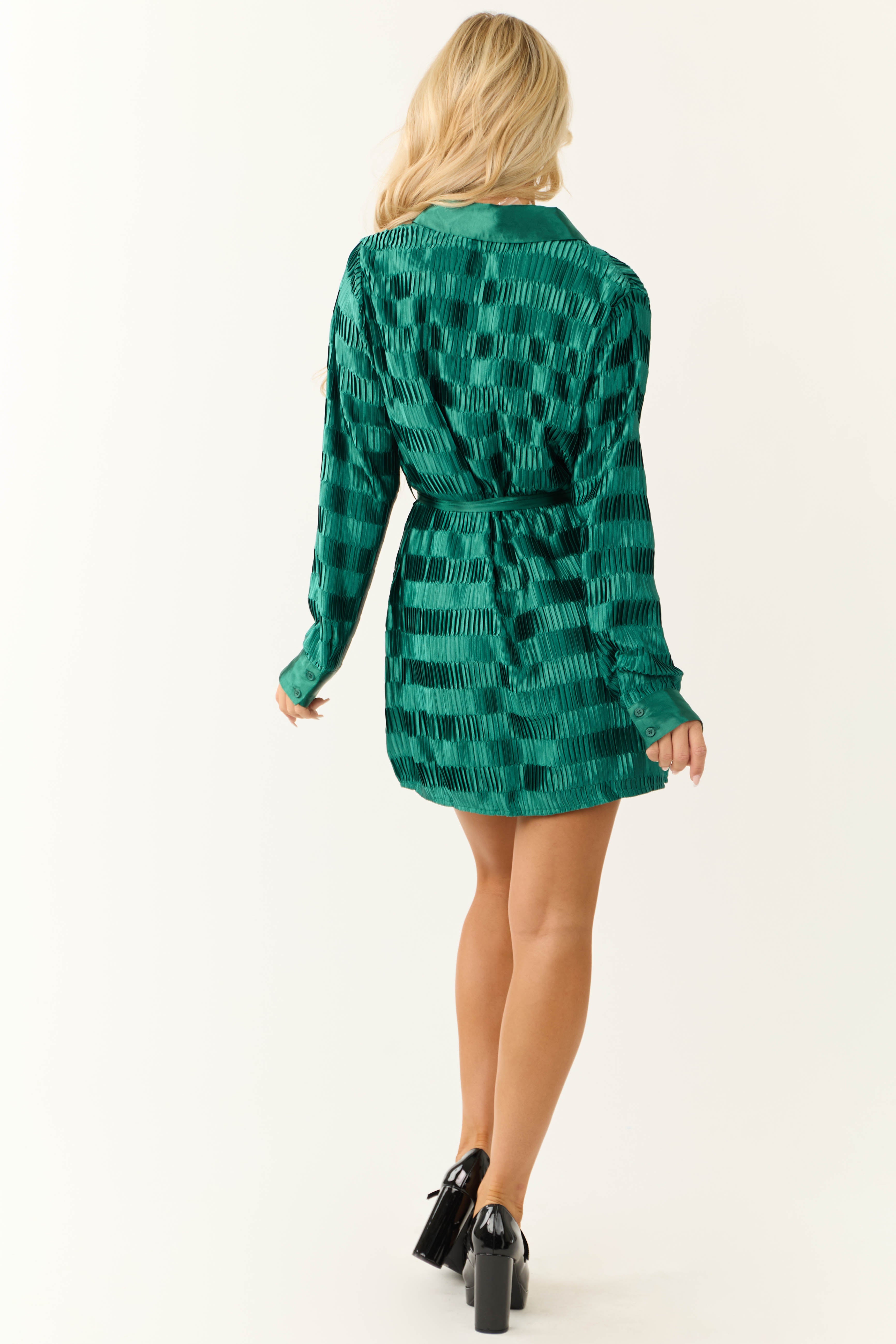 Pine Satin Pleated Long Sleeve Mini Dress