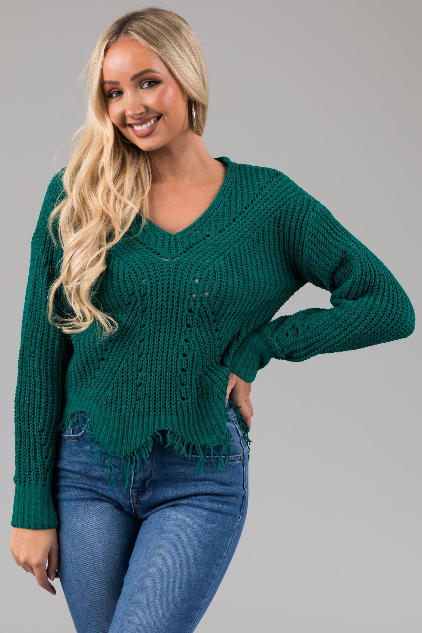 Pine Scalloped Fringe Hem Chenille Sweater