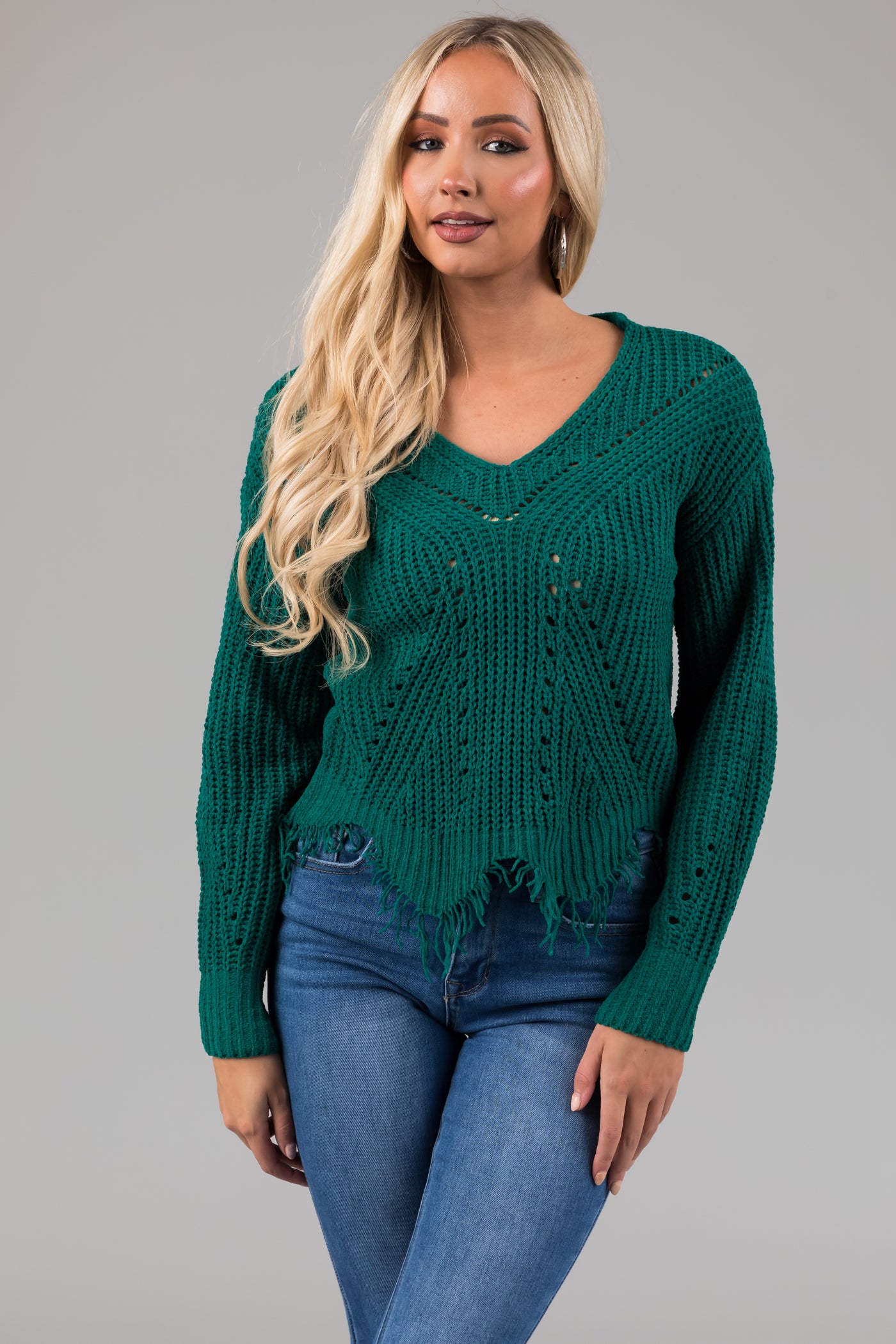 Pine Scalloped Fringe Hem Chenille Sweater