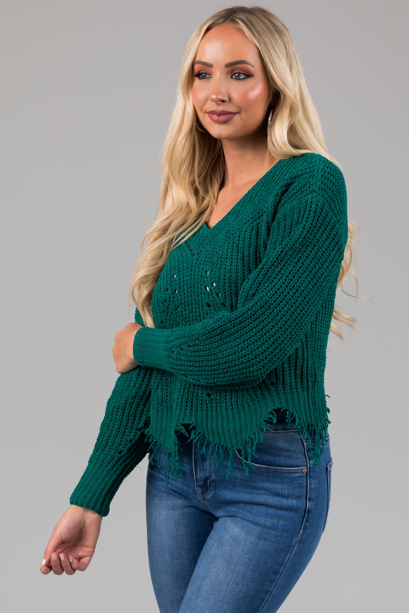 Pine Scalloped Fringe Hem Chenille Sweater