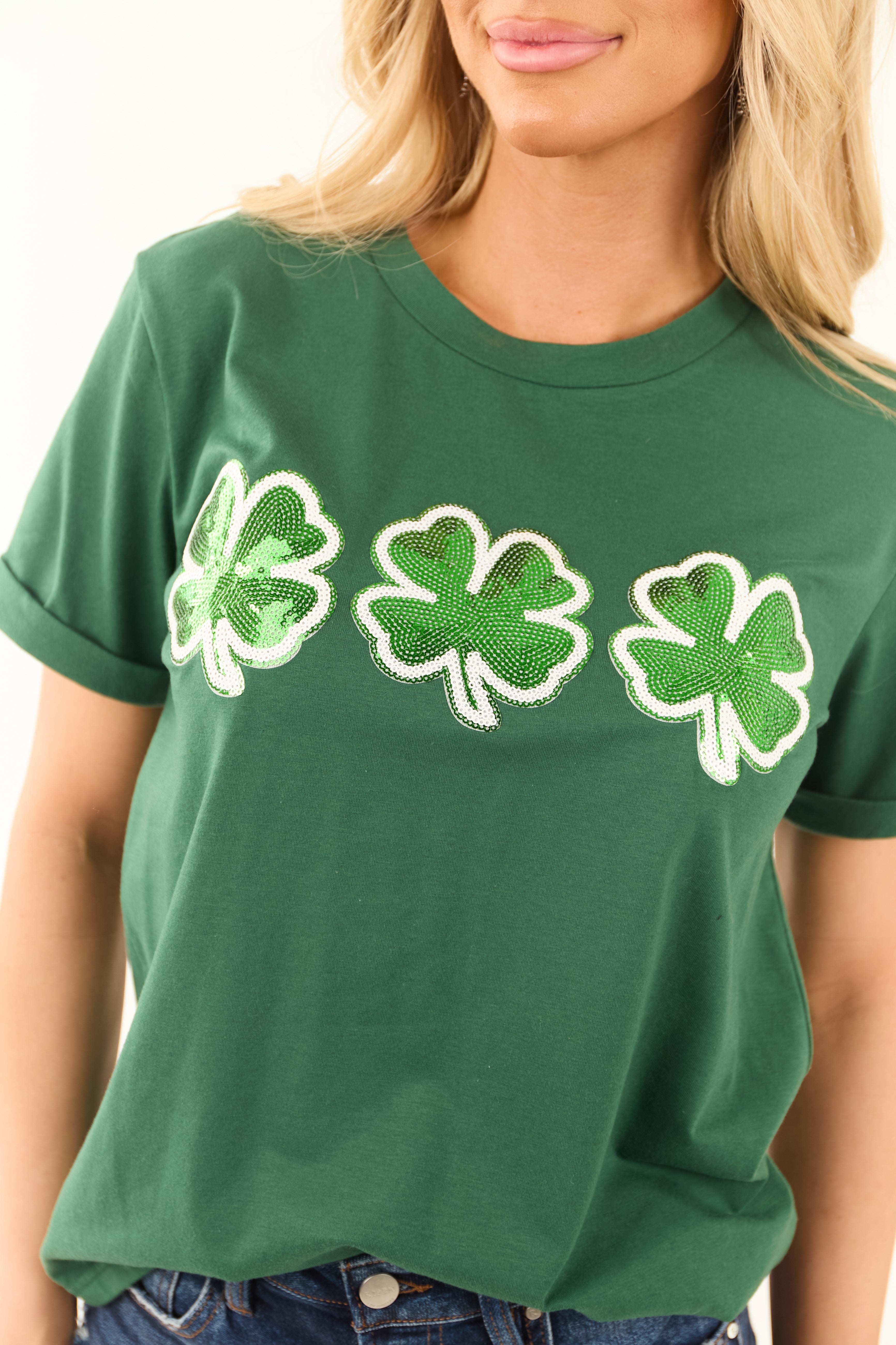 Pine Sequin Clover Patch Short Sleeve Top