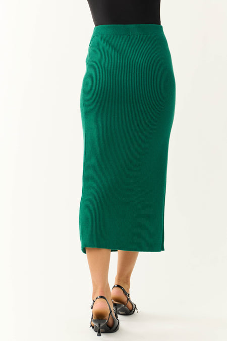 Pine Thick Ribbed Knit Slit Wrap Midi Skirt