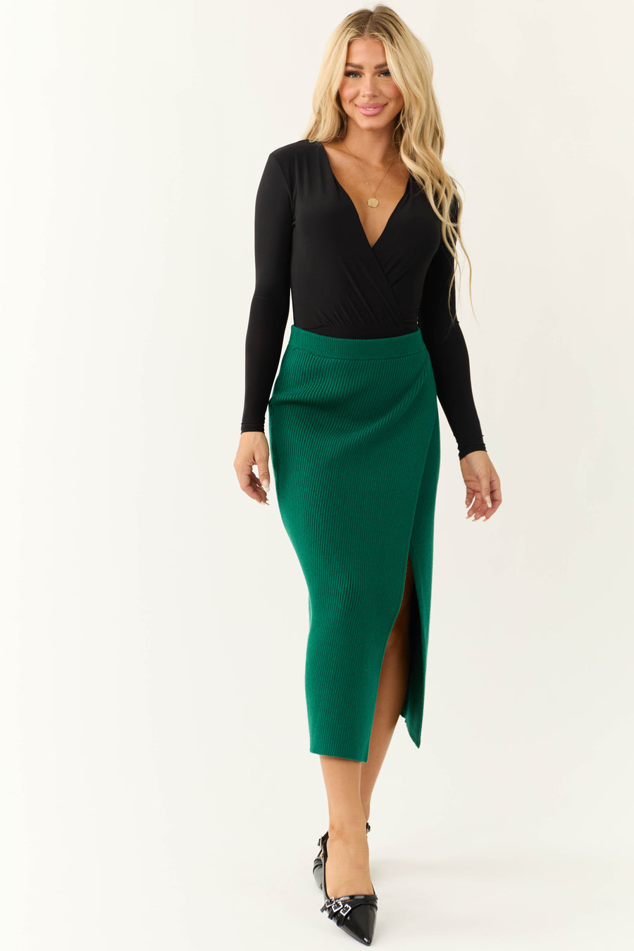 Pine Thick Ribbed Knit Slit Wrap Midi Skirt