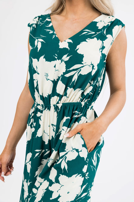 Pine and Cream Floral Print V Neck Jumpsuit