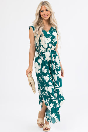 Pine and Cream Floral Print V Neck Jumpsuit