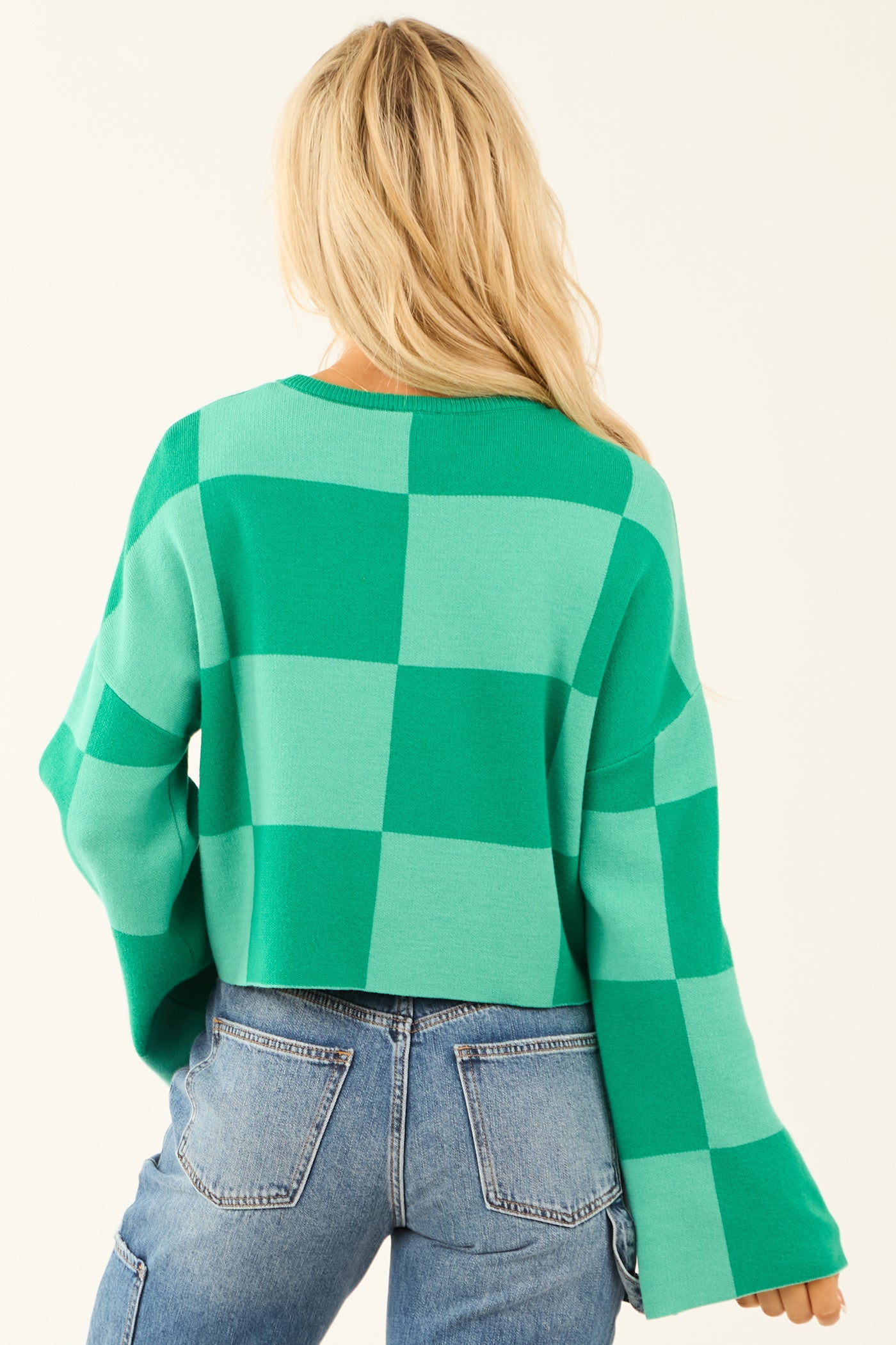 Pine and Sage Checkered Long Sleeve Cropped Sweater