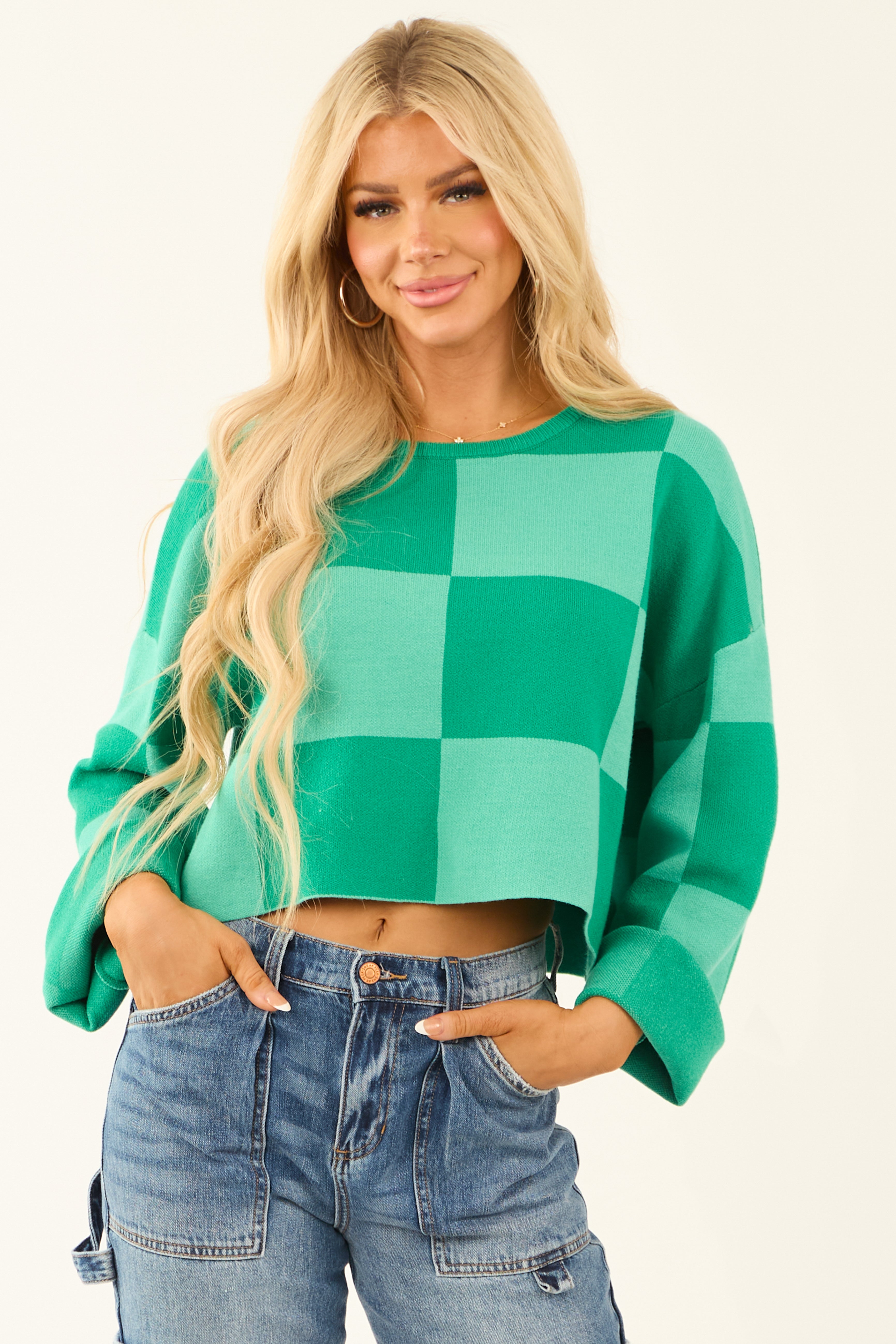 Pine and Sage Checkered Long Sleeve Cropped Sweater