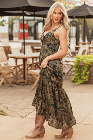 Pine Abstract Print Sleeveless Maxi Dress