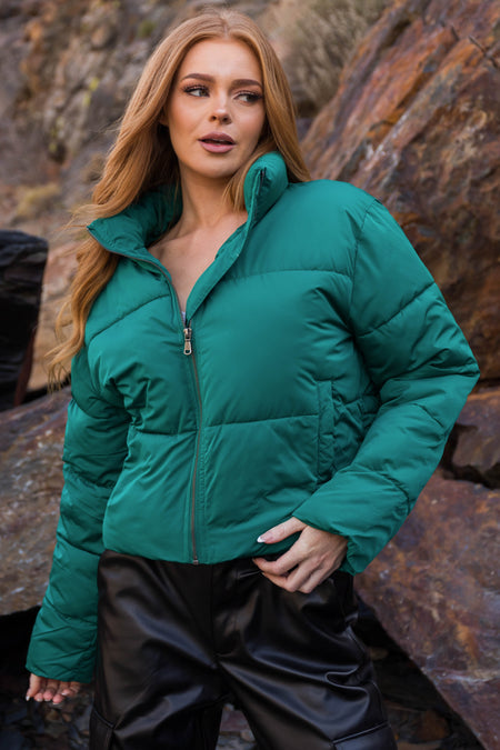 Pine Green Zip Up Quilted Puffer Jacket