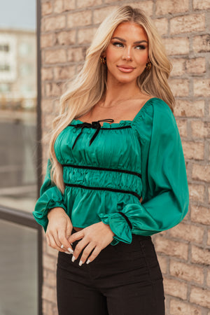 Pine Ruched Peplum Long Sleeve Satin Top