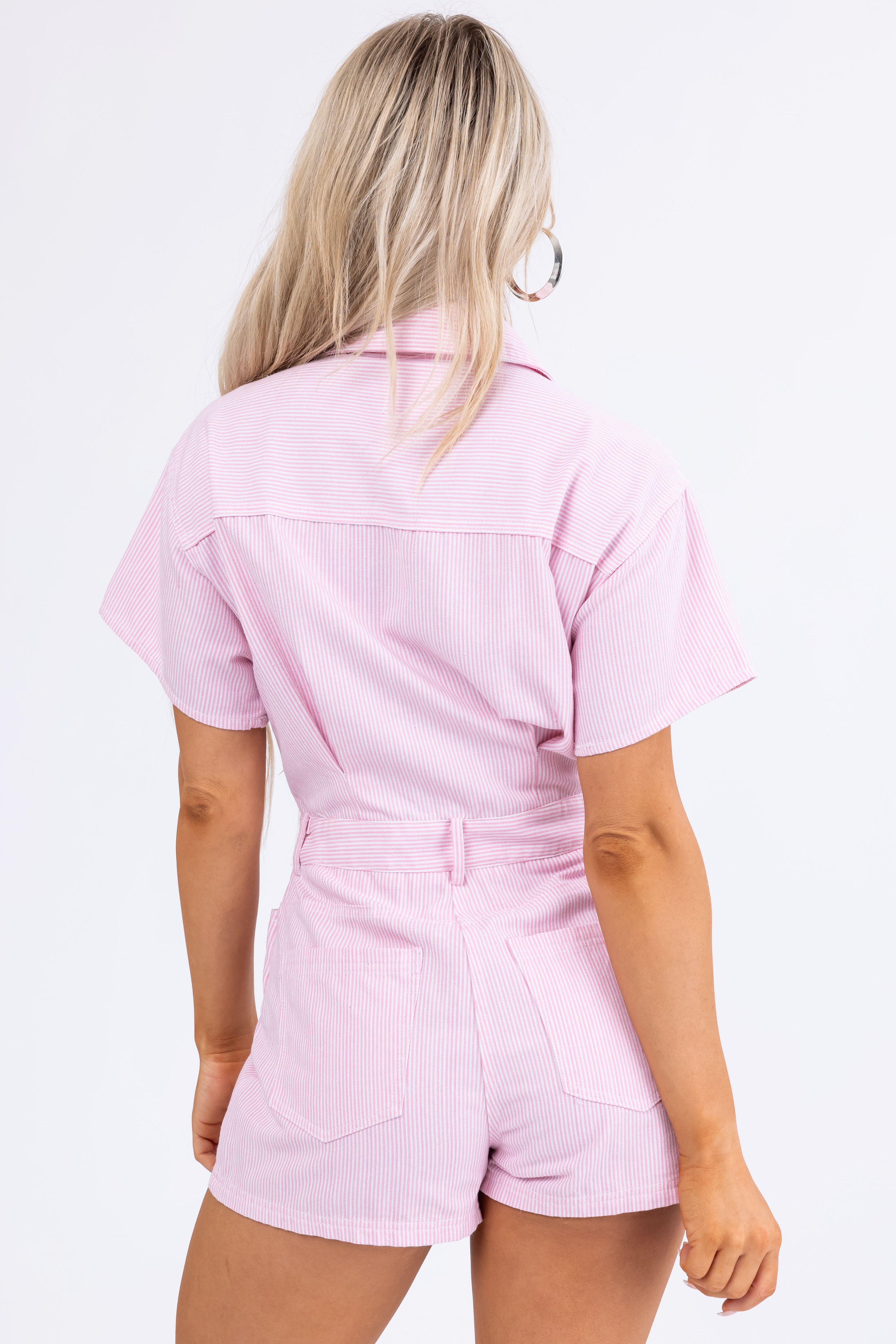 Pink Stripe Short Sleeve Button Up Denim Romper