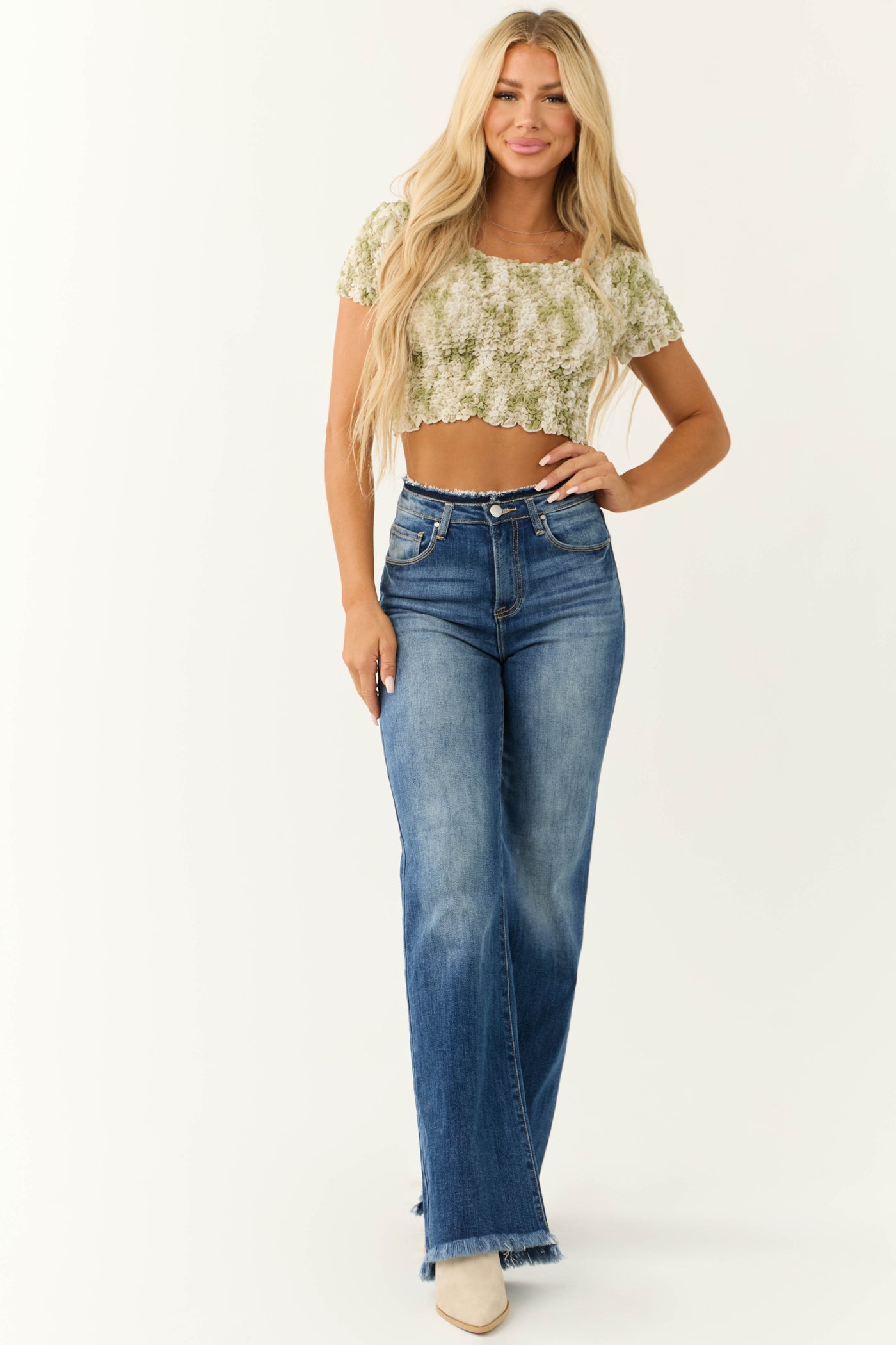 Pistachio Bubble Textured Short Sleeve Crop Top