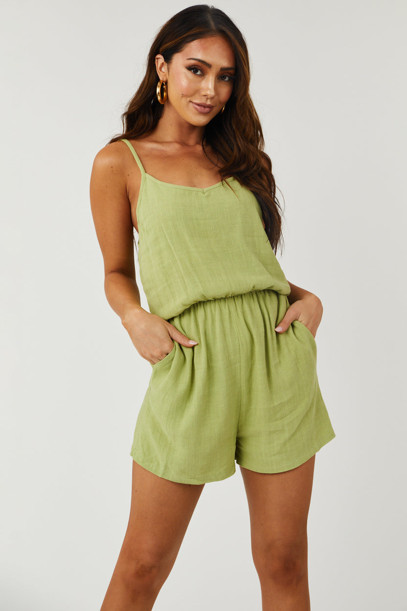 Pistachio Cinch Waist Linen Cami Romper