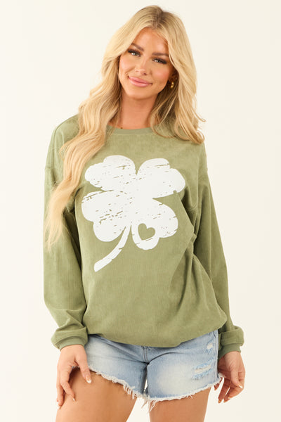 Pistachio Clover Graphic Corduroy Sweatshirt