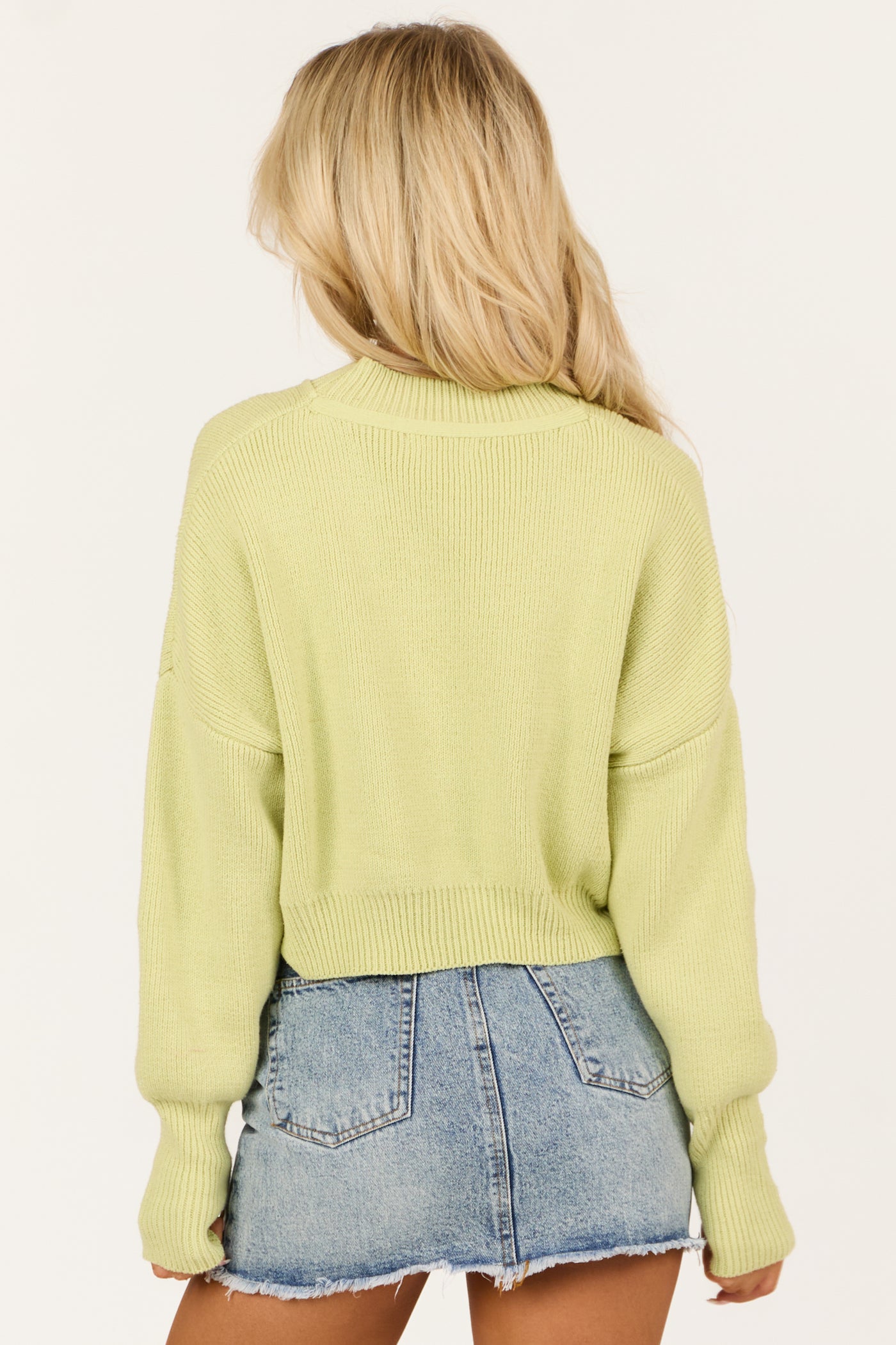 Pistachio Cropped Puff Long Sleeve Knit Sweater