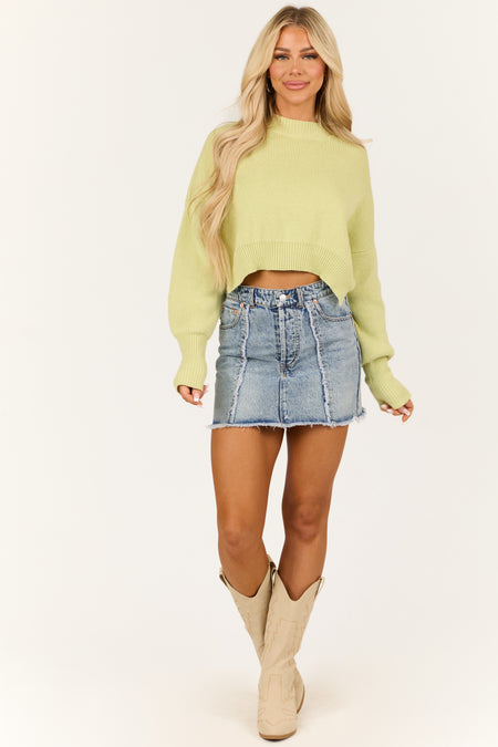 Pistachio Cropped Puff Long Sleeve Knit Sweater