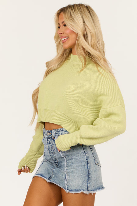 Pistachio Cropped Puff Long Sleeve Knit Sweater