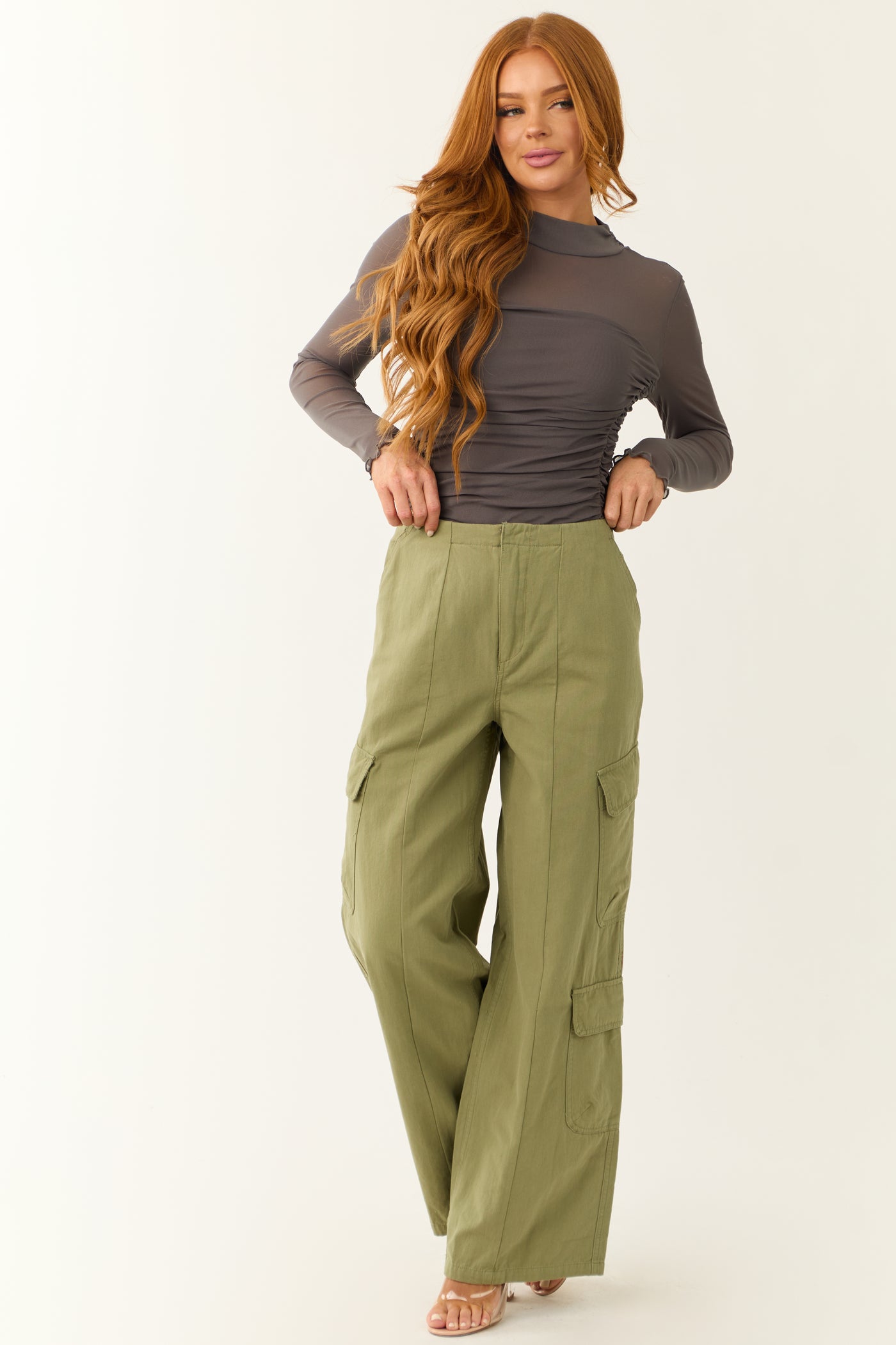 Pistachio Mid Rise Wide Leg Cargo Pants