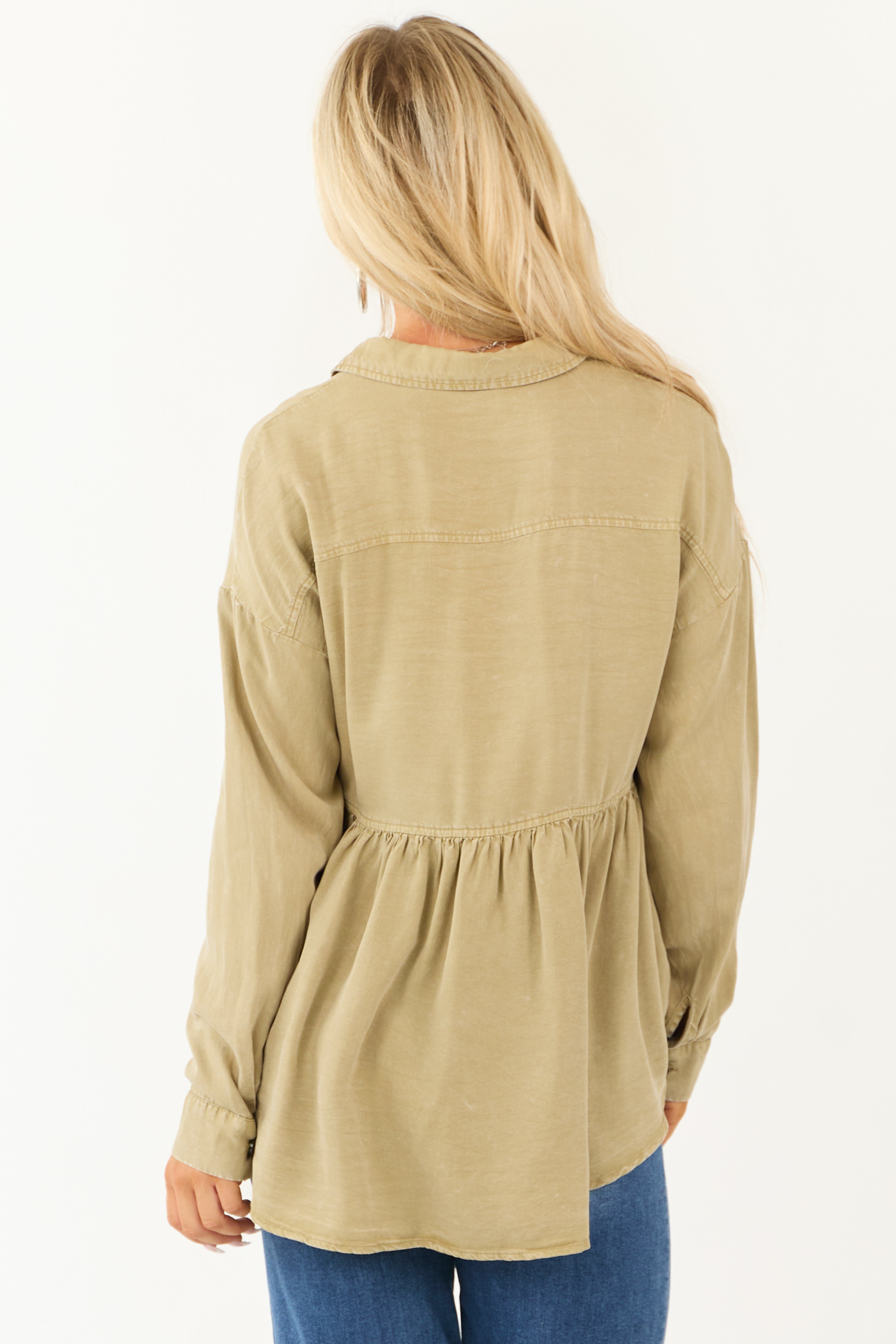 Pistachio Mineral Wash Button Down Ruffle Top