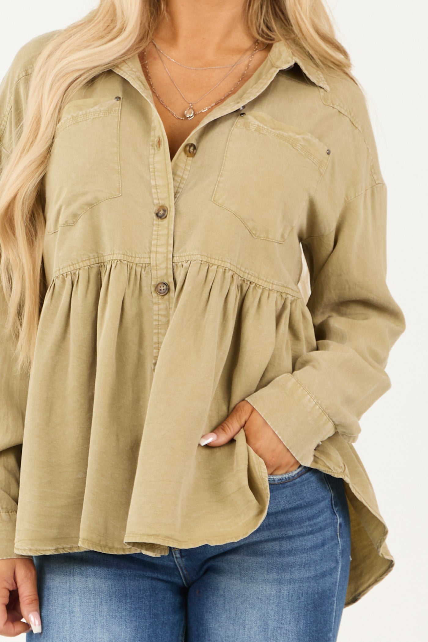 Pistachio Mineral Wash Button Down Ruffle Top