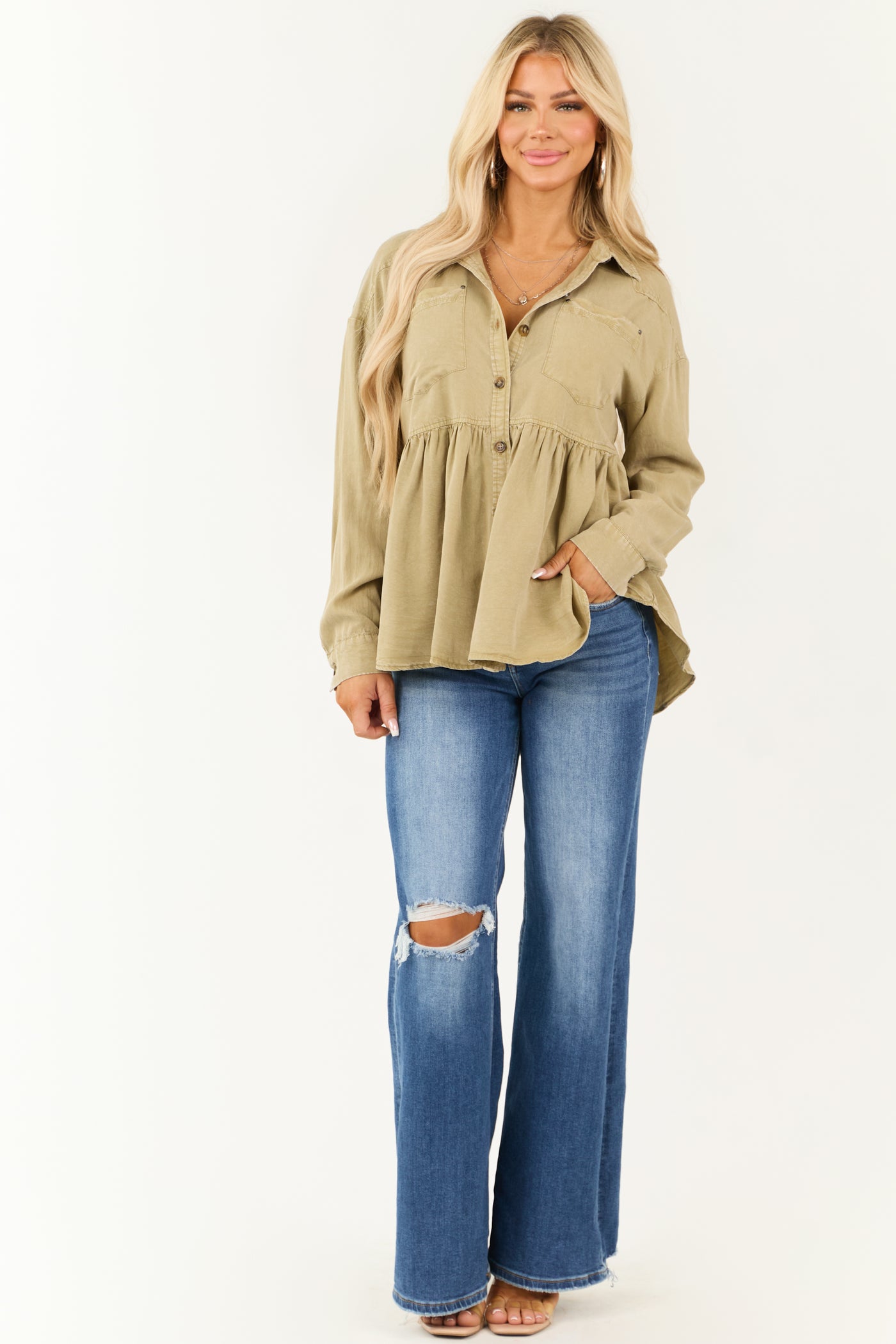 Pistachio Mineral Wash Button Down Ruffle Top