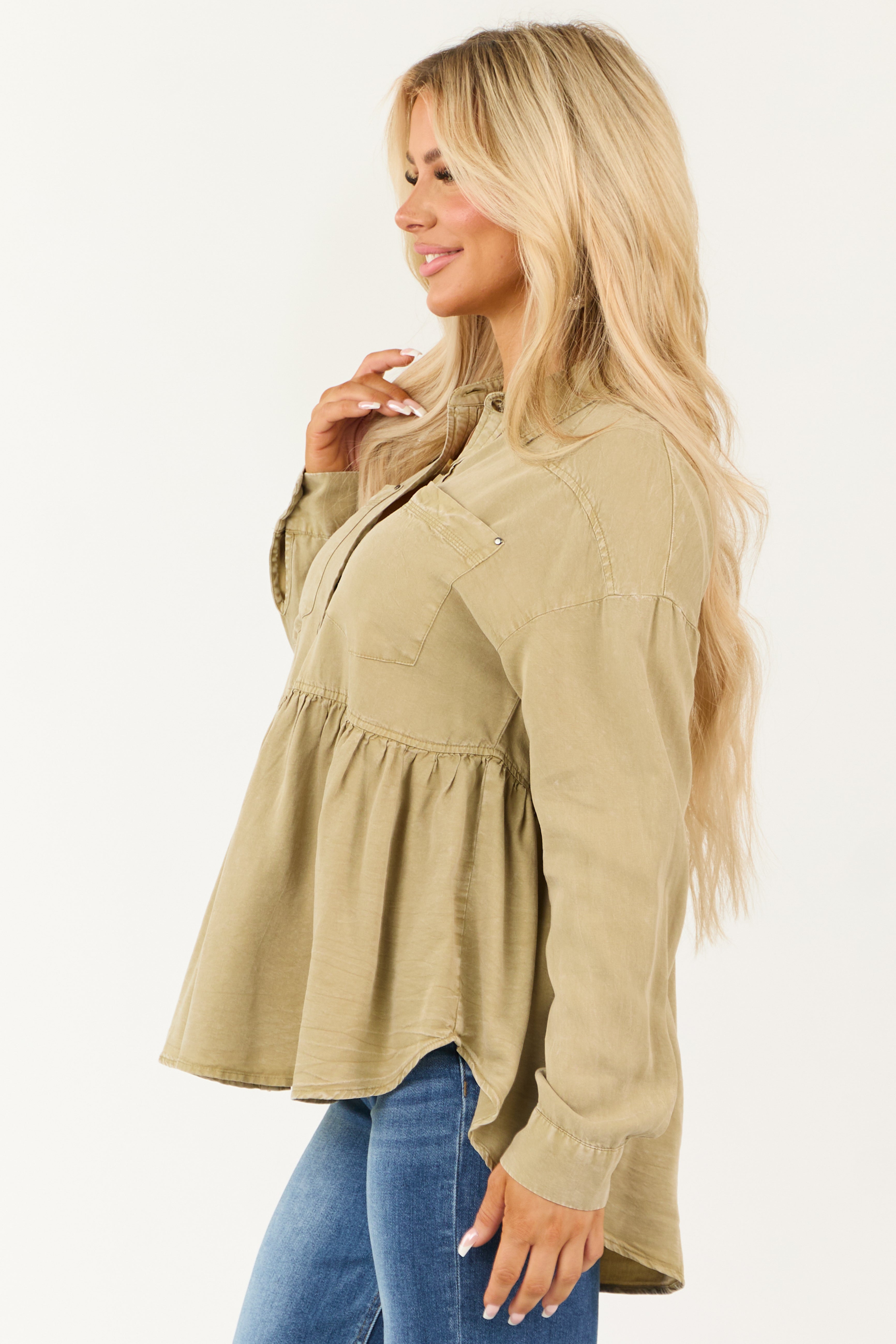 Pistachio Mineral Wash Button Down Ruffle Top